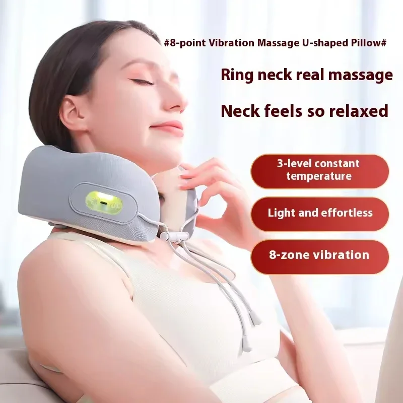U-Shaped Neck Massager Pillow 8-Point Vibration Cervical Massager 3 Gear Heating Low Noise Neck Support for Travel Office