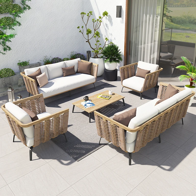 

Nordic outdoor sofa courtyard combination teak outdoor leisure rattan sofa terrace hotel homestay rattan chair sofa