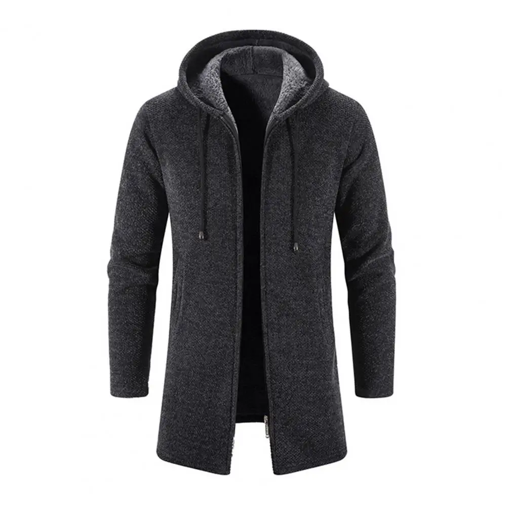 Solid Color Knitting Coat Men's Hooded Knitting Coat with Drawstring Long Sleeve Solid Color Jacket Zipper Placket for Men