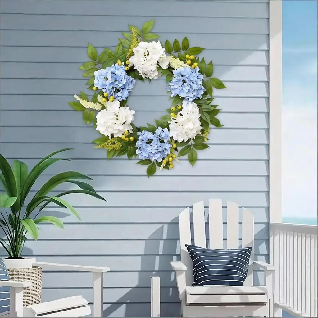 22in Artificial Flower Wreath Family Colorful Blue White Floral Garlands With Green Leaves Home Office Exquisite Hanging Wreath
