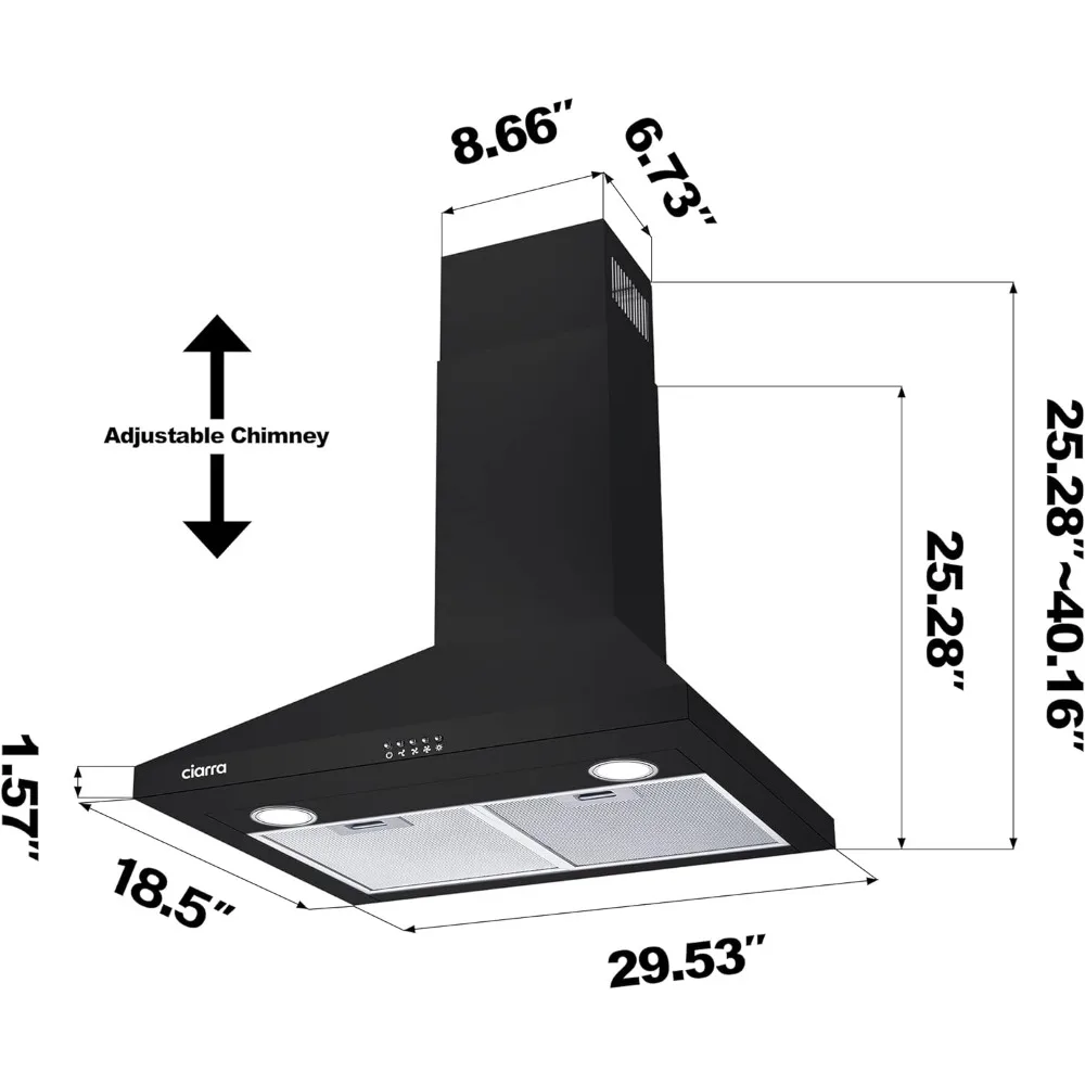 3つのスピードファンを備えたキッチンのための,指紋防止設計を備えた黒い壁のレンジフード,450 cfm,30インチ