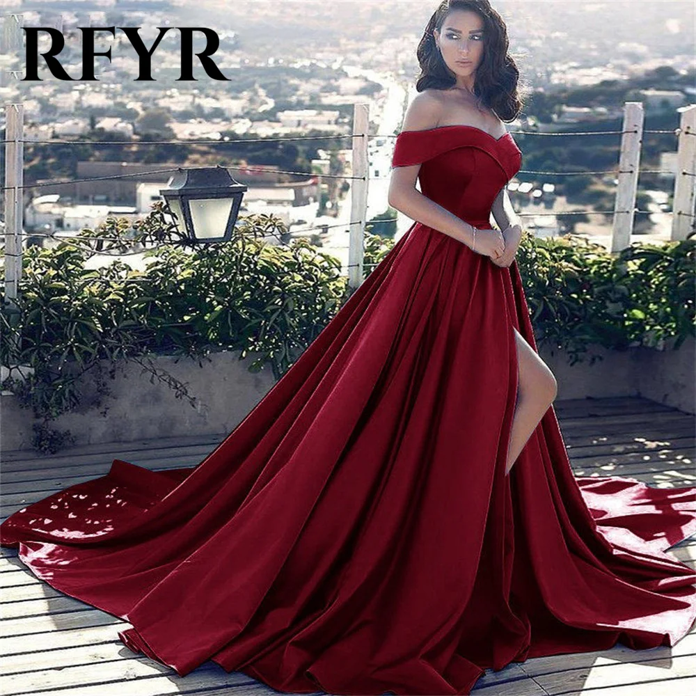 

RFYR Burgundy Off the Shoulder Evening Dresses Beach Stain Charming Prom Dress Sweetheart Neck Party Dresses vestidos de noche