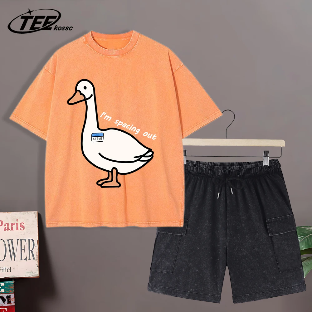 

Goose Is Lost In Thought Washed Men T-Shirt Cotton All-Match T-Shirts Set Retro Fashion Clothing Unisex Summer Loose Soft Short