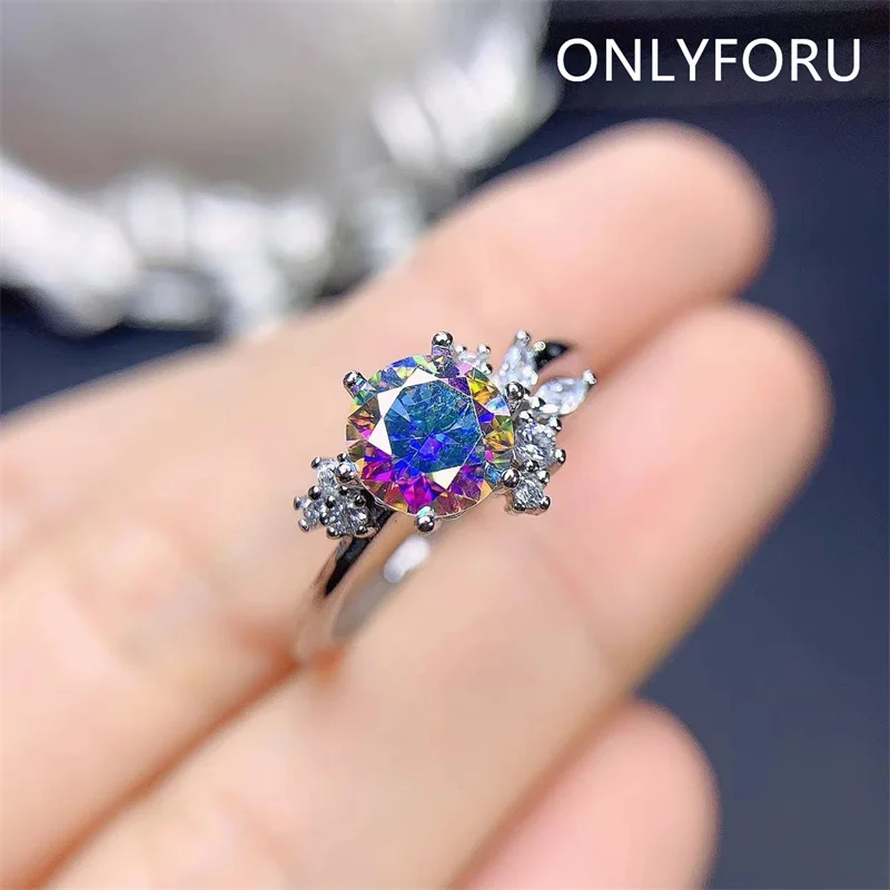 

1ct Beautiful Mystic Rainbow Moissanite Engagement Ring 925 Sterling Silver Adjustable Rings for Women Gift