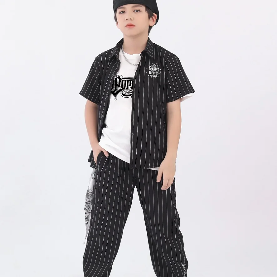 Popping Children Street Dance Clothing Trendy Cool Kid Adult Short Sleeved Shirt + Pants Set Locking Explosive Hip Hop Costume