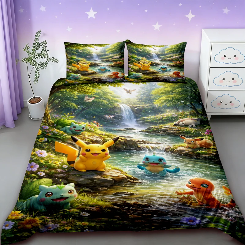 Duvet Cover Anime Three-piece Set Duvet Cover Pikachu Cartoon Bedding Set Comforter Cover for Bedroom Decor Queen King Size view 5
