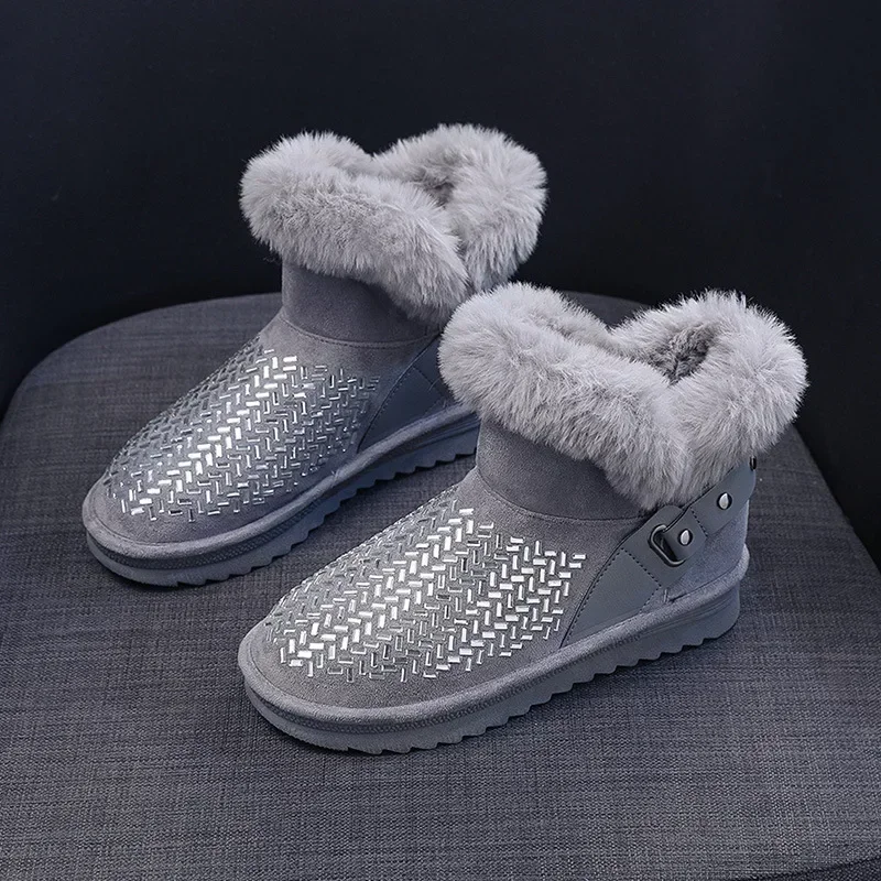 Dames Snowboots Platform Dikke Ronde Neus Strass Zwarte Enkelschoenen Voor Dames Laarsjes Elegant Met Lage Hakken Gothic Op Slip