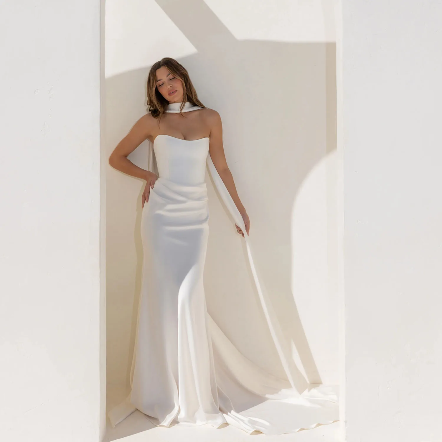 Satin Weddings Dresses Mermaids Style Strapless Sleeveless Bride Gowns With Ribbon Formal Evening Party Gowns Customized
