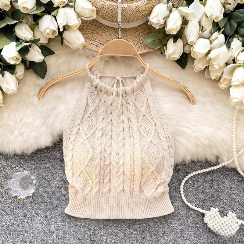 Summer New Beige Cable Knit Crop Tank Sleeveless Halter Neck Stretchy Knit Casual Boho Cami Top Female Sweater Vest
