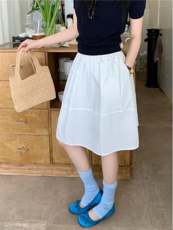 

High Waist A-Line Midi Skirt plus Size Simple Color Loose Fitting Summer New Style Casual Lazy Wind Women's Skirt