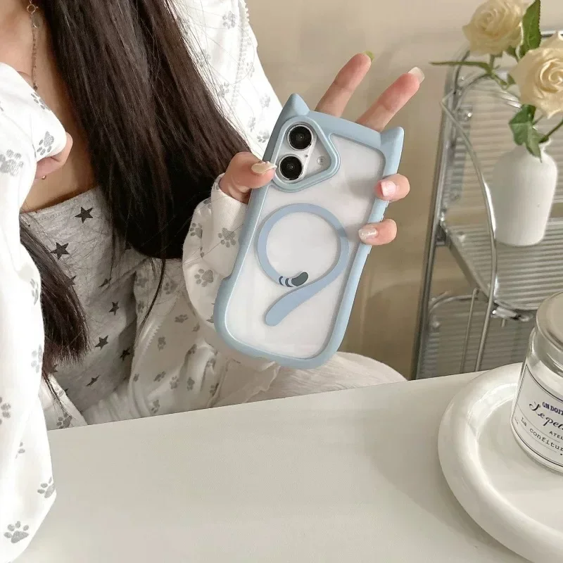 3D Cat Ear Cute Lanyard Magnetic Transparent Case For iPhone 17 16 15 14 13 12 Pro Max Mini Wristband Clear For Magsafe Cover