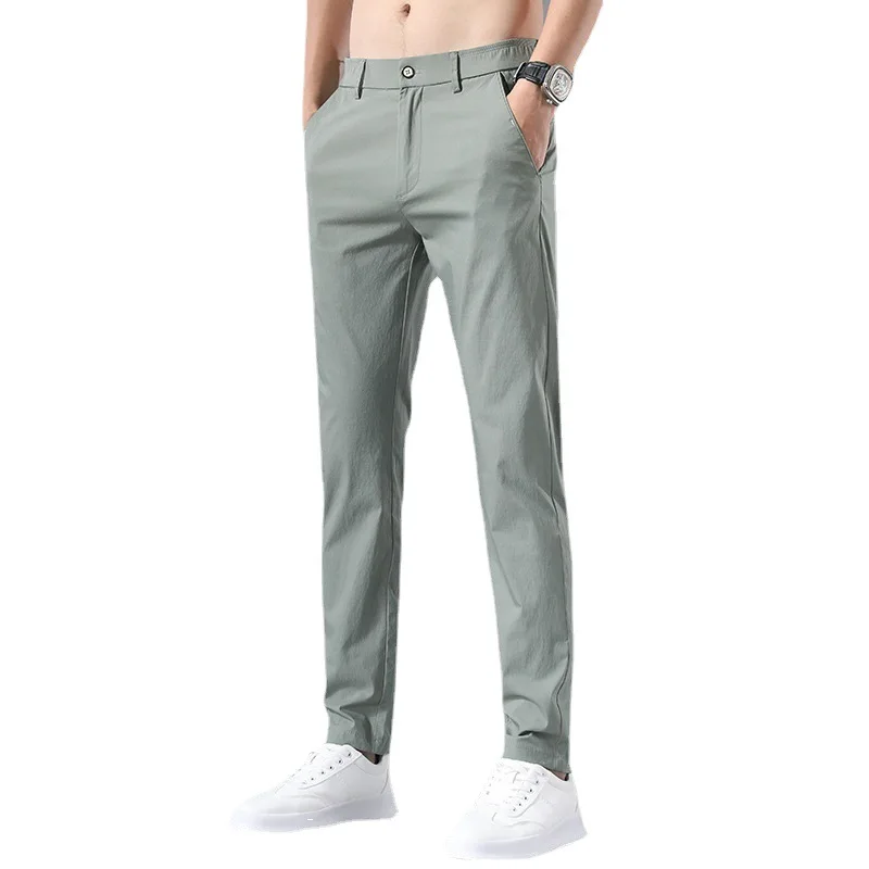 Pantalones Chinos y Khakis de seda de hielo para hombre, pantalones informales elásticos de alta gama, a la moda, primavera y verano, novedad de 2023