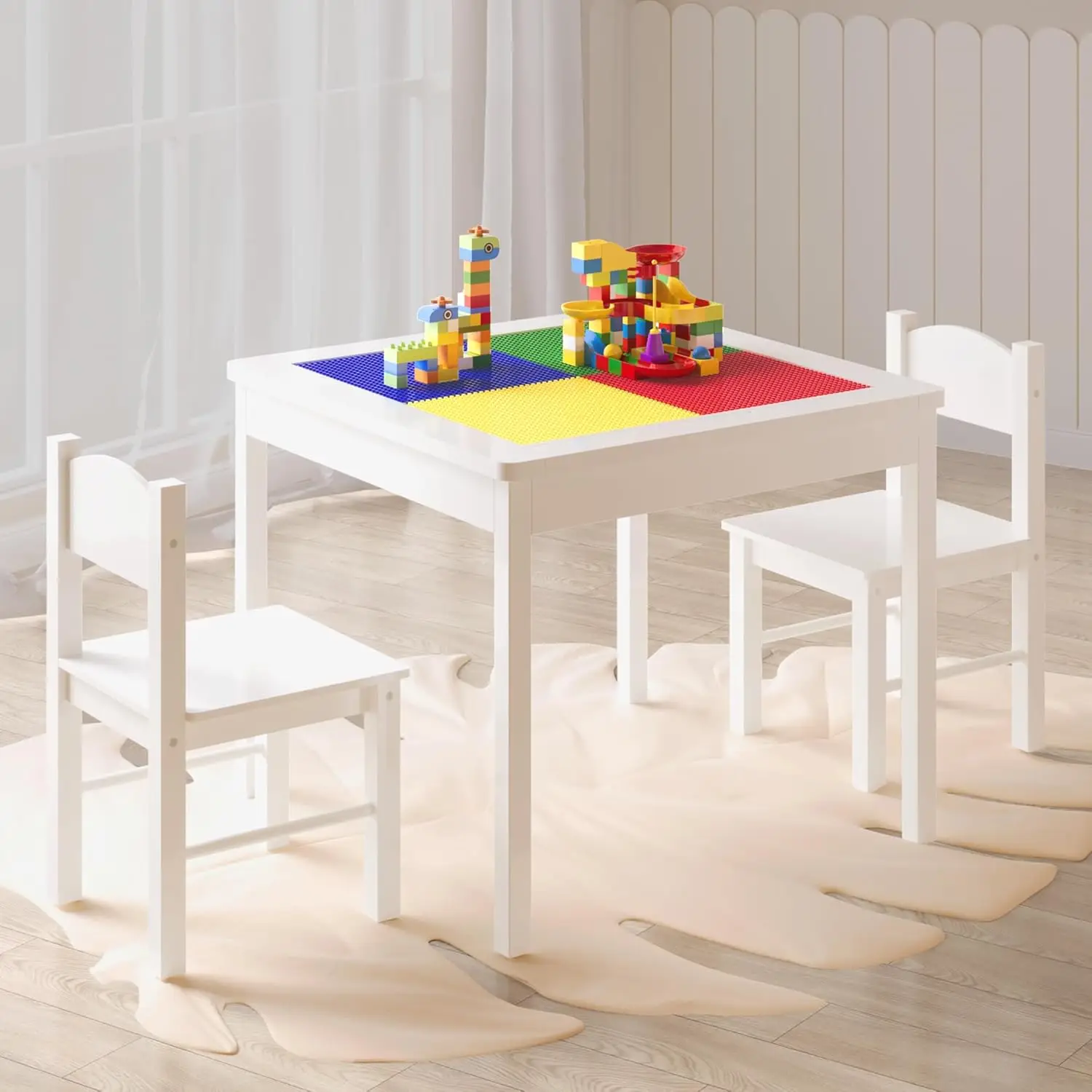 Table Set for 2, Children Table and Chairs, Toddler Play Activity Table with Hidden Storage Wood Building Block Tabl