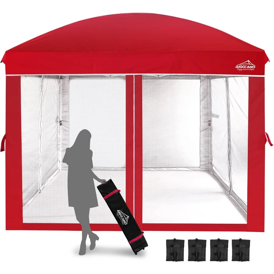 خيمة بمظلة 10 × 10 مع شاشة شبكية للحفلات الخارجية والتخييم، شرفة فناء قابلة للطي سهلة المنبثقة مع حقيبة دوارة و4 ق