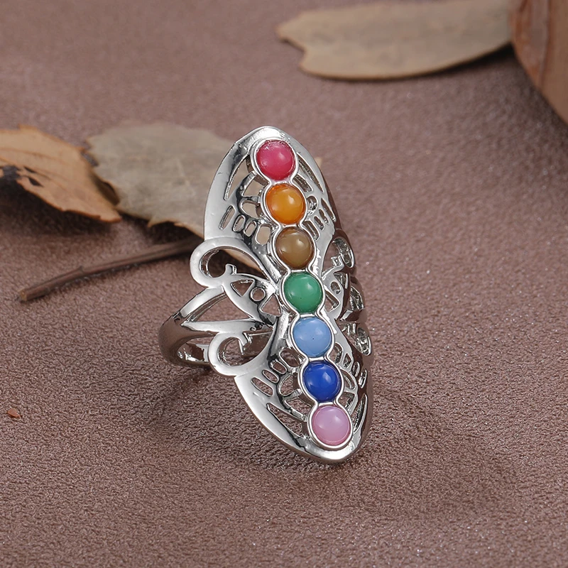 Ethnic Style 7Chakra Healing Hollow Pattern Open Ring Thumb Reiki Natural Stones Silver Color Rings for Women Boho Jewelry