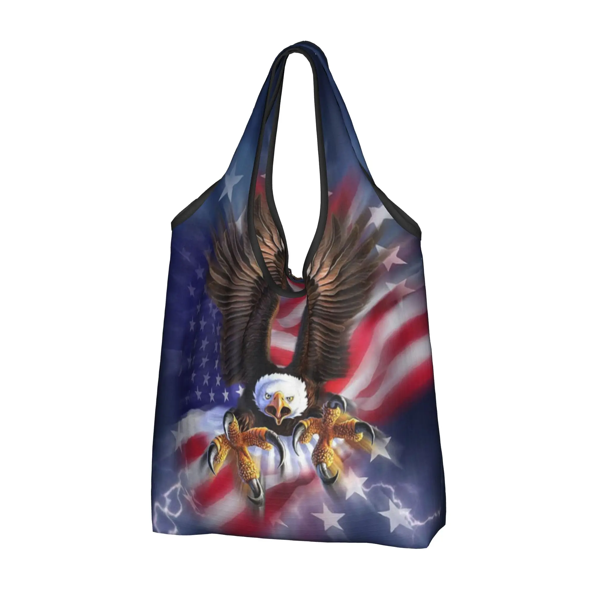 American Flag and Eagle  Grocery Tote Shopping Bag Women Custom US Patriotic Shopper Shoulder Bag Big Capacity Handbags