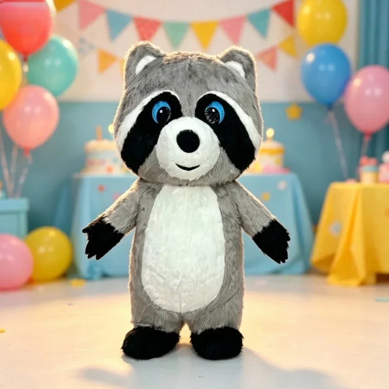 Costume de mascotte de raton laveur gonflable en peluche grise, idéal pour Halloween, Noël, fêtes amusantes, jeux de rôle, spectacles de rue et tenues de poupée.