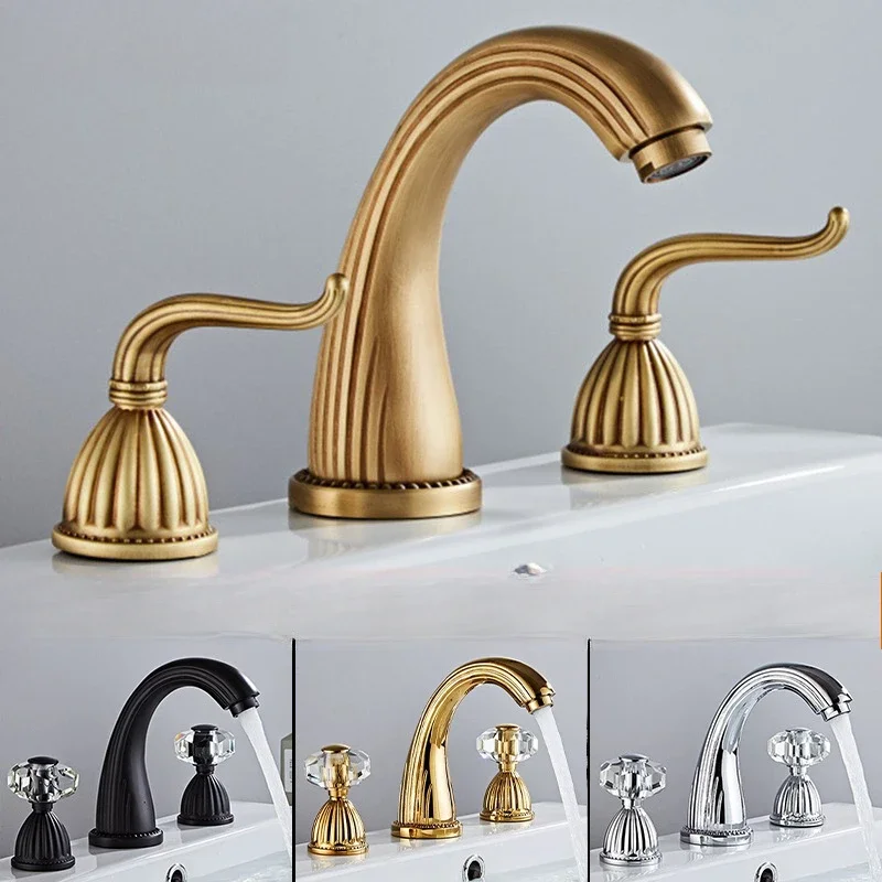 French Retro All-Copper Basin Faucet Set: 3 Piece Bathroom Vanity with Split Three-Hole Hot/cold Water Splash-Resistant Faucet