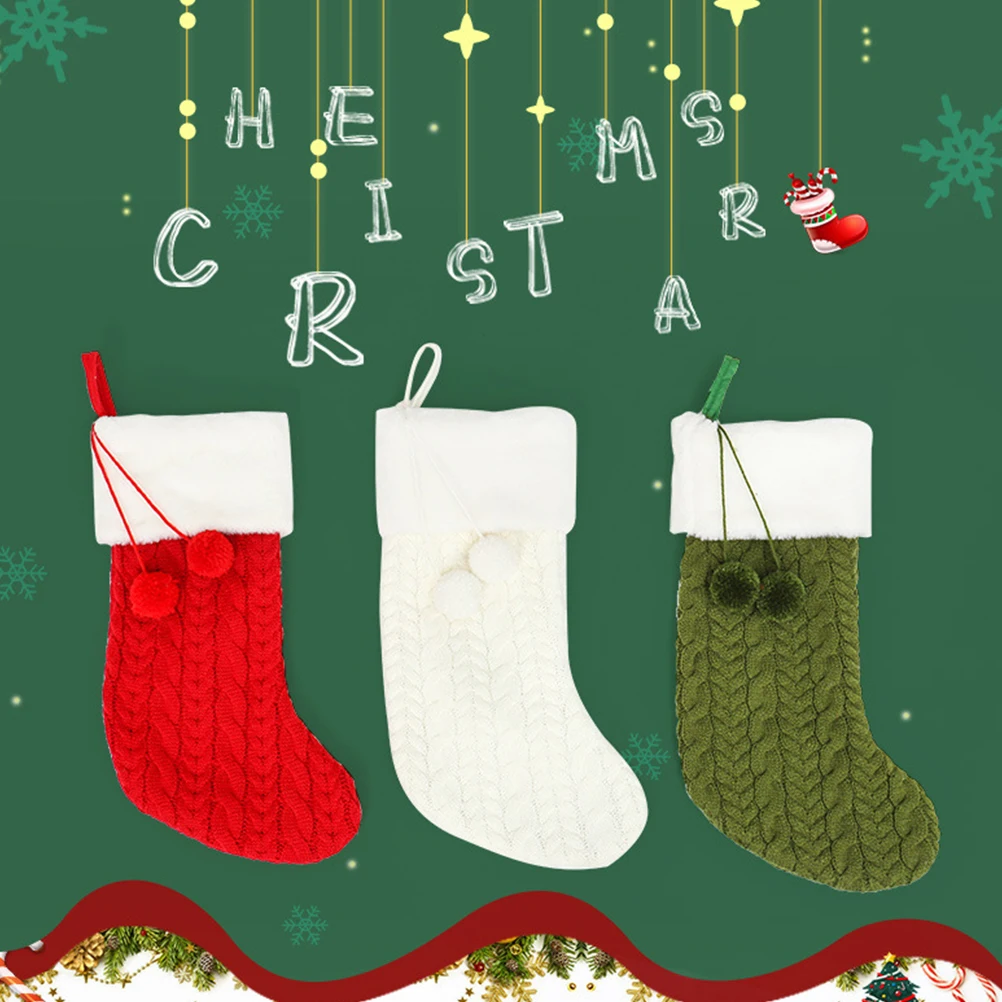 

Christmas Stocking Green Knitted Wool Comfortable Home Party Decoration Holiday Gift Storage Hanging On Wall Door Tree