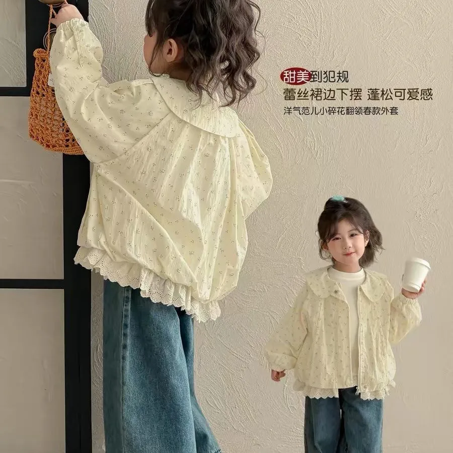Spring Autumn Floral Girl's Jacket Children's Casual Sweet Lace Trim Coat New Style Kids Baby Fashion Outerwear