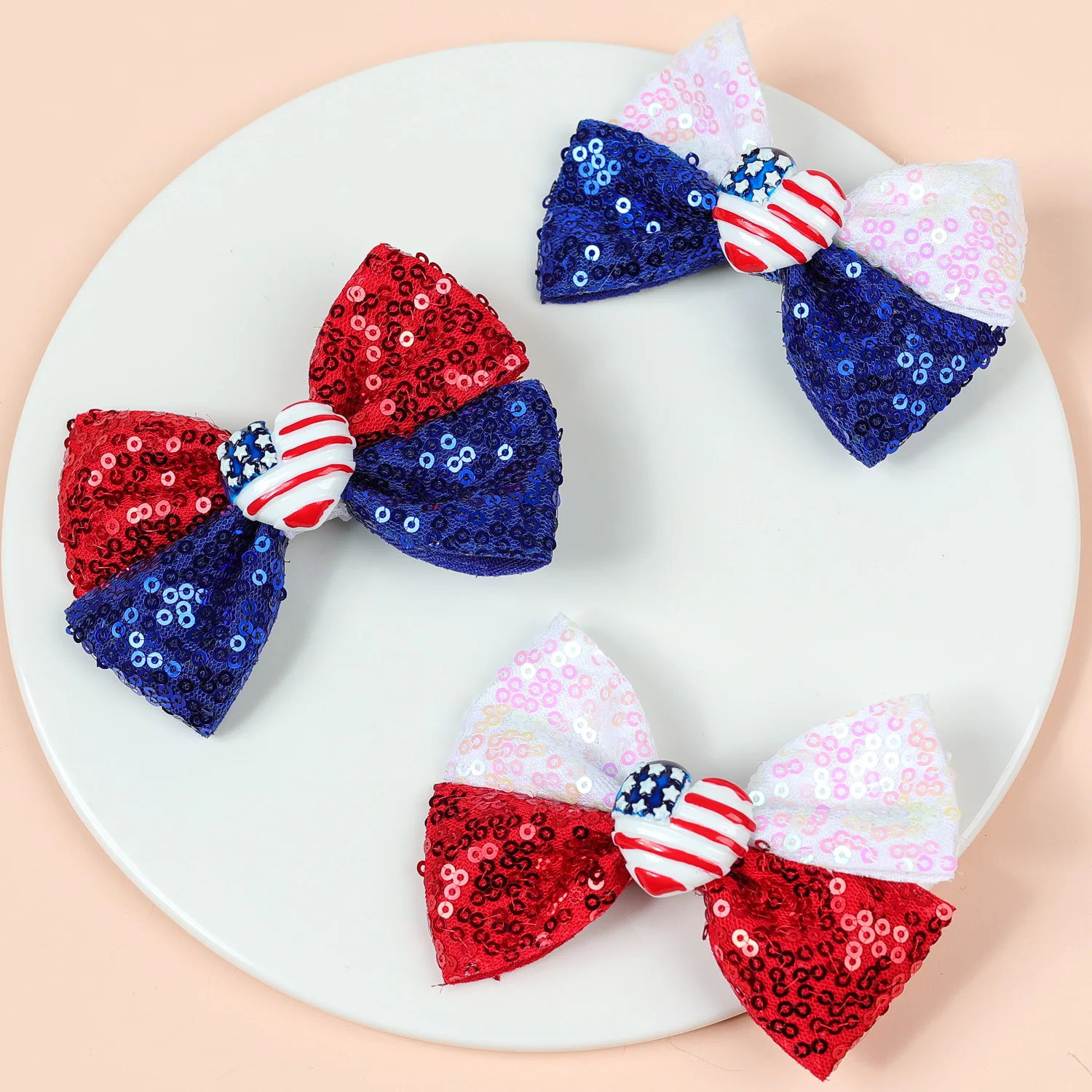 36 PCS/Lot, 3.5” Glitter Sequin Bow Hair Clips For Independence Day Patriotic Bows Party Hair Accessories