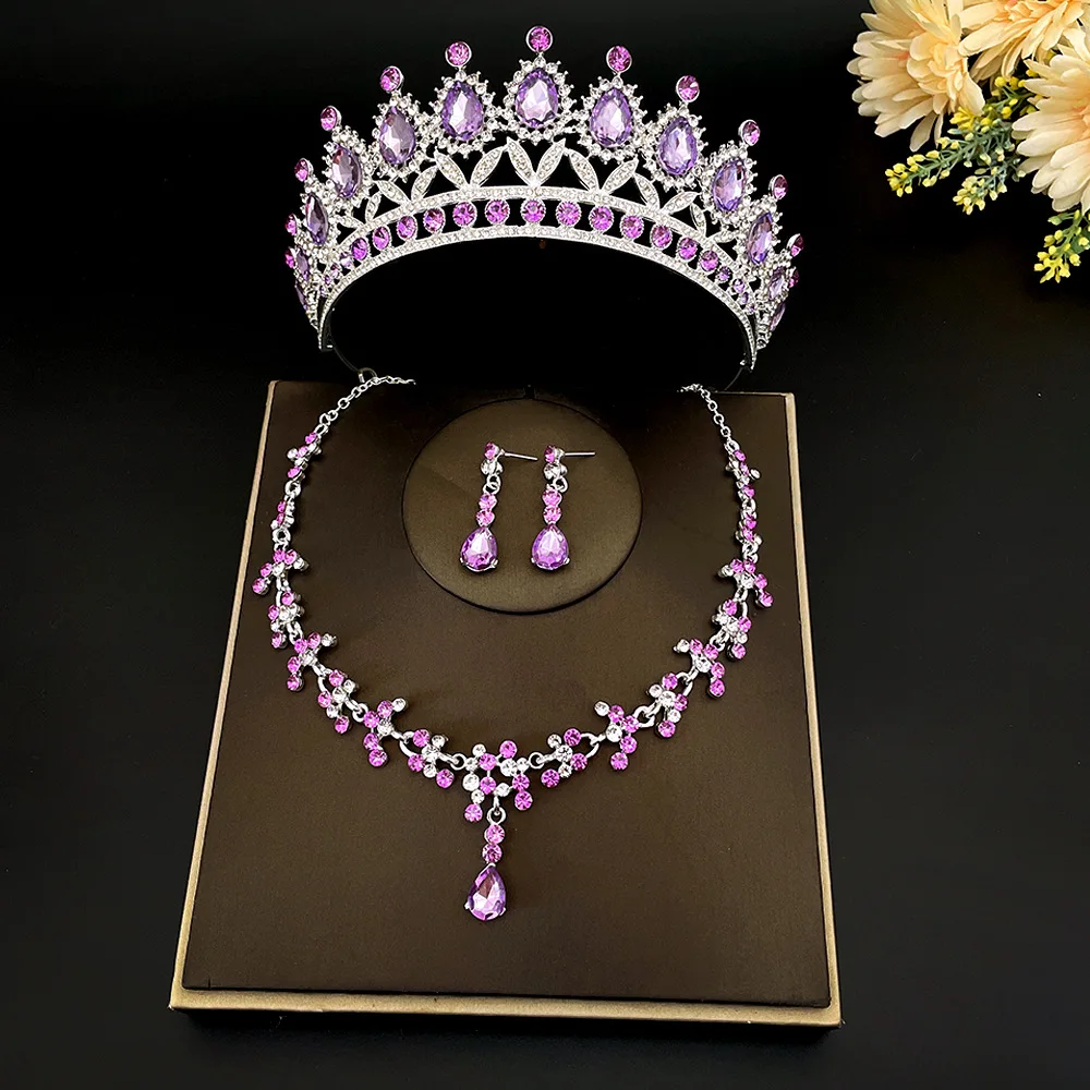 3 unids/set joyería nupcial de cristal barroco Tiaras de diamantes de imitación corona collar pendiente para novia mujer conjunto de joyería de boda regalo