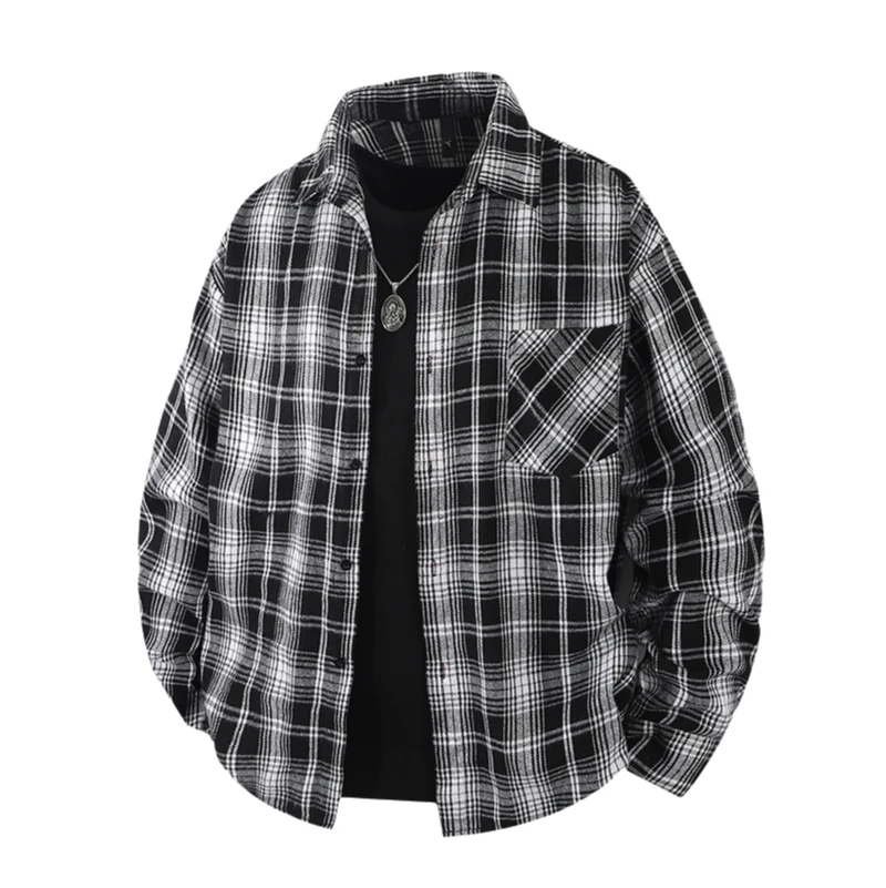 Black and white checkered shirt for men, trendy casual boyfriend shirt, stylish and versatile paired with a brushed outer jacket