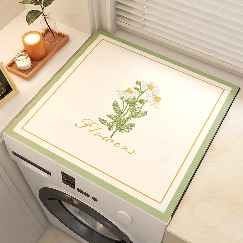 VIKAMA Chamomile Floral Washing Machine Top Mat Green Gold Frame Letter Print Waterproof Anti Dust Dryer Surface Pad