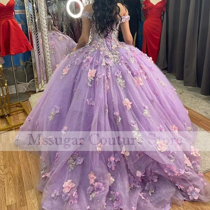 2022 Purple Cinderella Flowers Quinceanera Dresses Off Shoulder Appliques Ball Gown Custom Made платье на выпускной