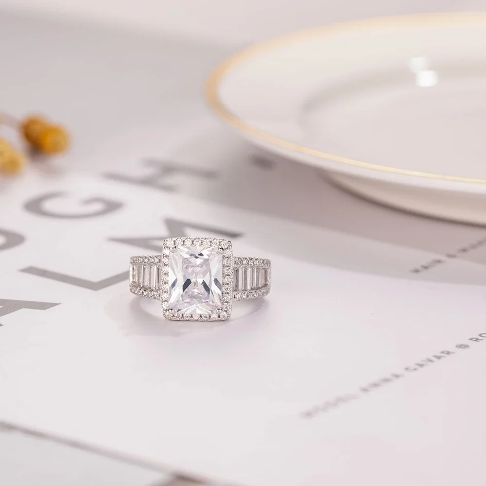 Original 925 Sterling Silver Engagement Wedding Rings for Women Luxury Square T Simulated Diamond Platinum Ring Jewelry 6
