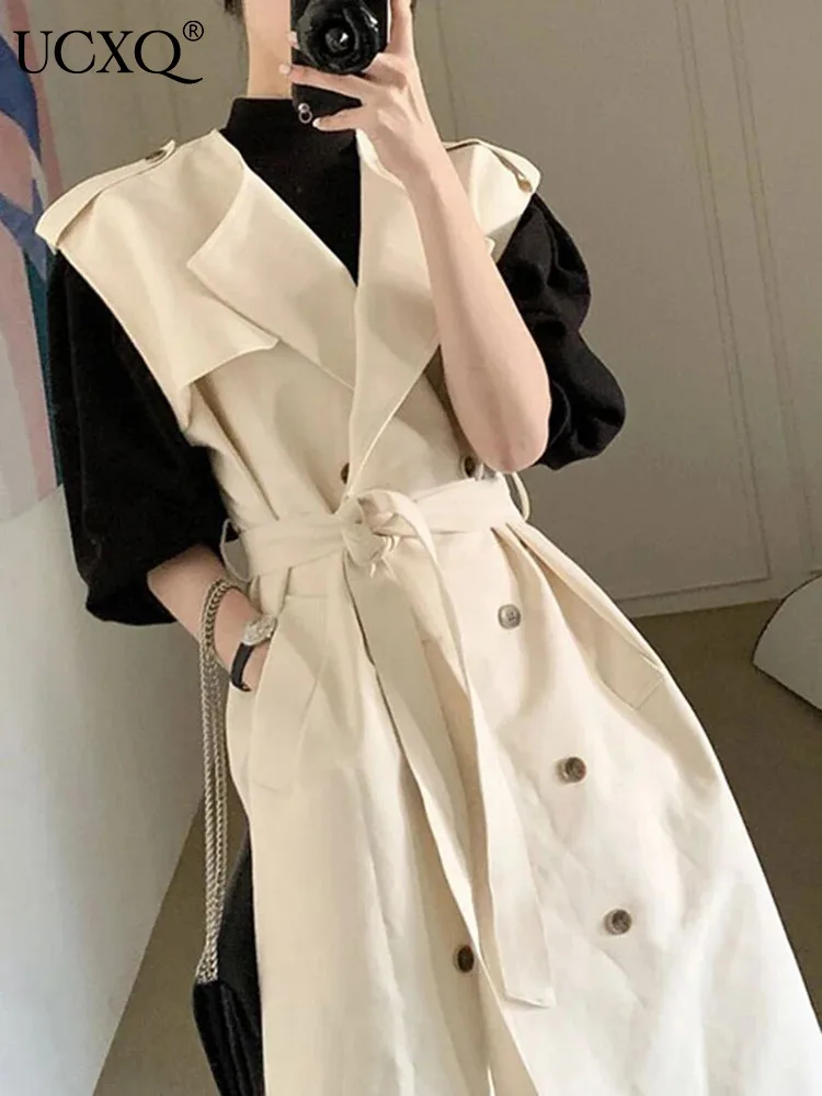 

UCXQ Vintage Trench Coat Korean Style Lapel Lace Up Waist Cinching Sleeveless Long Jacket Women Women 2024 Spring Autumn 23A9793