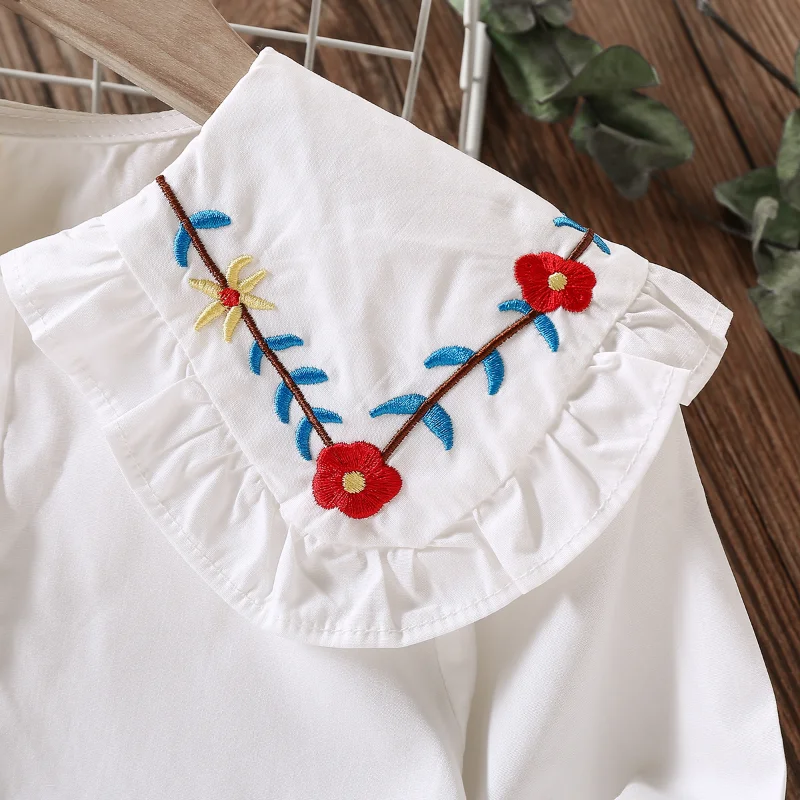 Baby Girls Shirts Toddler Girls White Blouses Kids Clothes Long Sleeve Cotton School Uniform Print Tops  2 3 4 5 6 7 8 Years