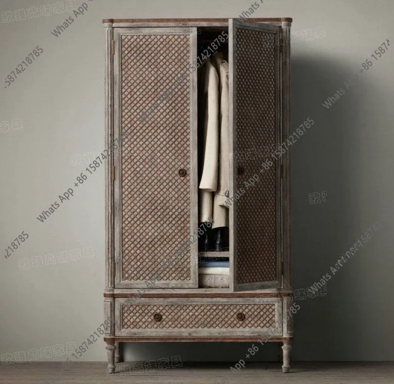 N64 Mediterranean double-door solid wood rattan wardrobe, European antique oak carved pattern wardrobe, American large wardrobe