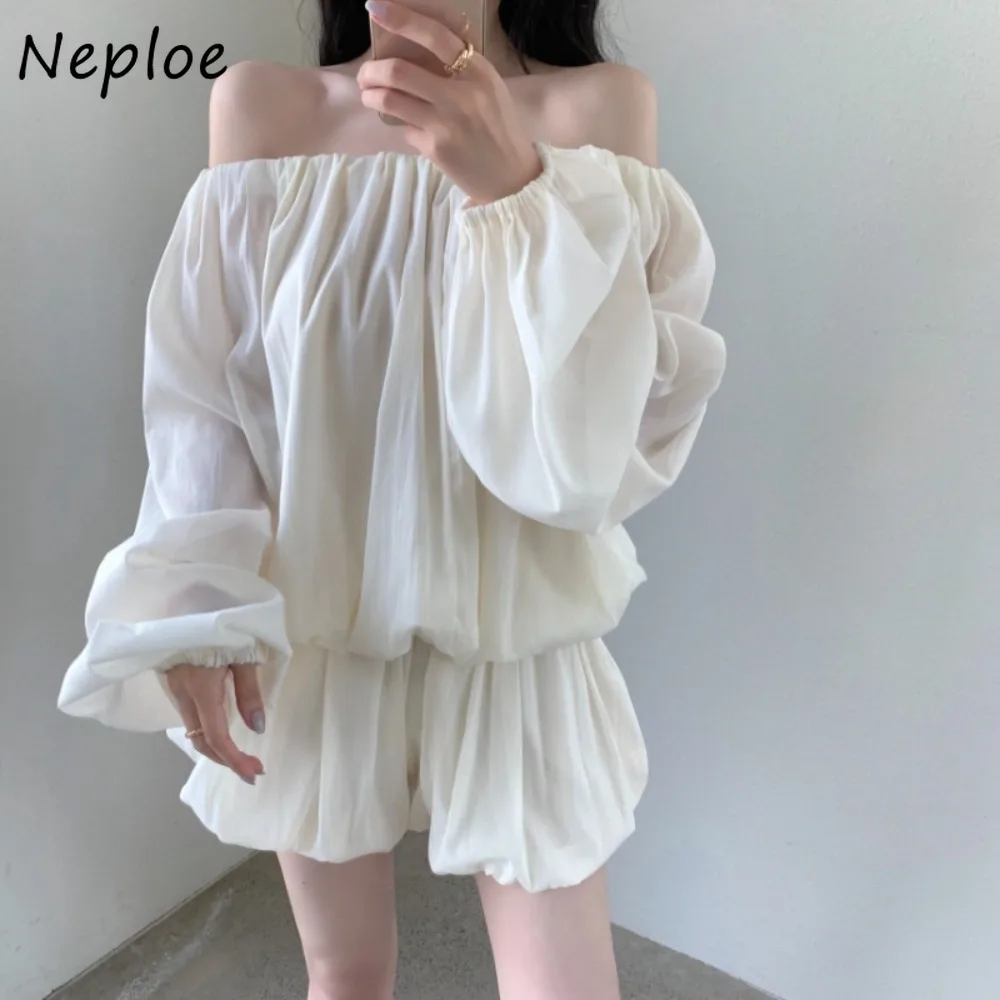 

Neploe Korea Slash Neck Lantern Sleeve Loose Set Shirt Bud Ball Gown Shorts Skirt French Style Literary Suit Elegant Mujer Falda