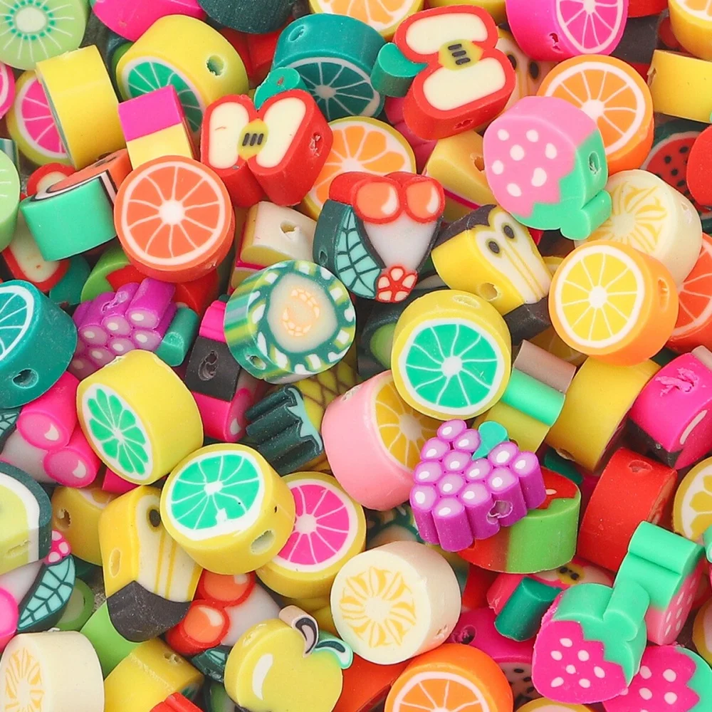 60pcs Soft Pottery Beads Mixed Color Candy Dim Sum Fruit Shape Pattern Beads Beads Handmade DIY Bracelet Necklace Accessories
