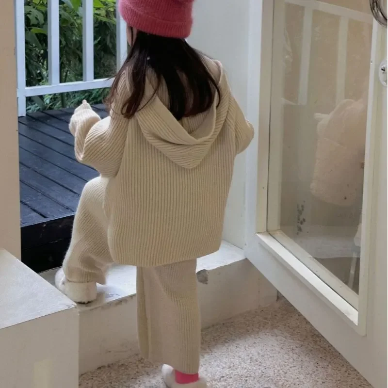 Baby Girl Knitted Sweater Set Autumn Winter Children Retro Hooded Sweater+Wide-Leg Pants 2PCS Cardigan Jacket Baby Clothes 1-12Y