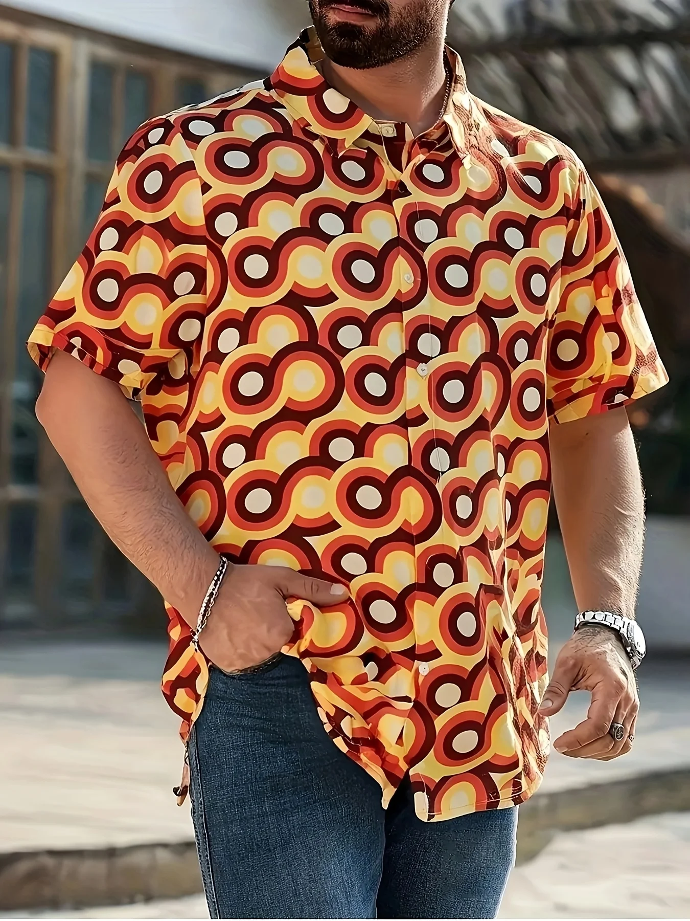Men's Hawaiian Shirt 70s Retro Groovy Geometric Circle Print Short Sleeve Button Down Casual Aloha