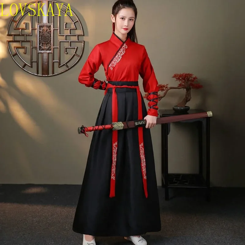 Unisex Adult Martial Style Hanfu Female Traditional Chinese Clothing Cross-Collar Han Suit Male Ancient Cosplay Couple Costume