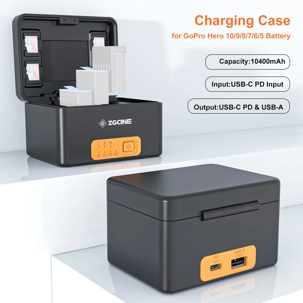 

Type-C Enduro Battery Charger Power Bank Charging Case Box for 3pcs GoPro Hero 10 9 8 7 6 5 Batteries + 4*TF Card