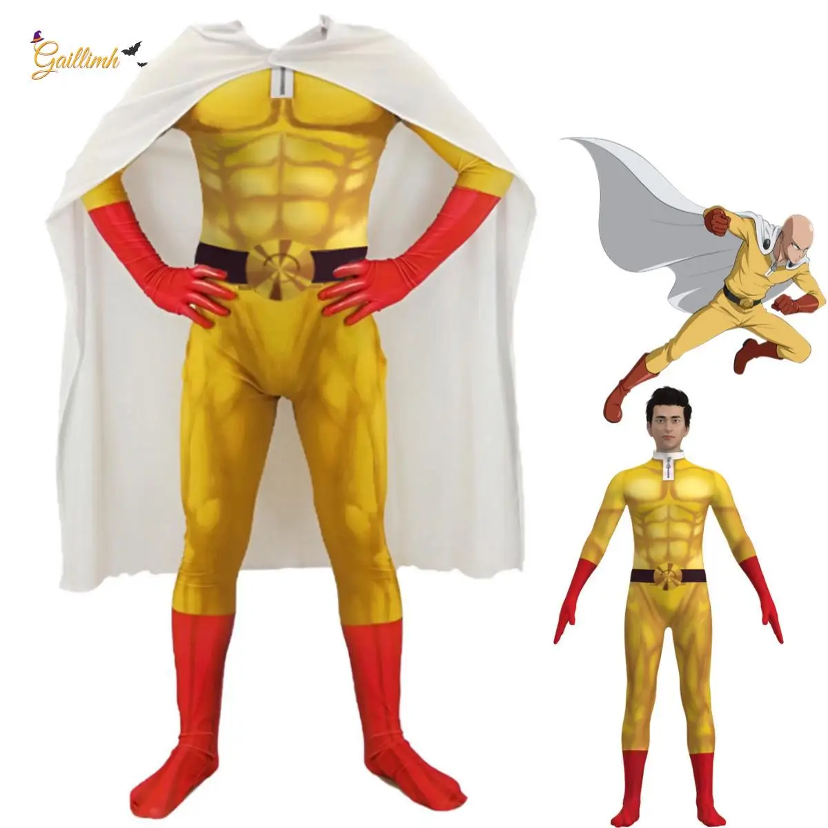 

Anime ONE PUNCH-MAN Saitama Cosplay Costume Kids Yellow Jumpsuits Cloak Combat Uniform Adult Children Kawaii Halloween Suit