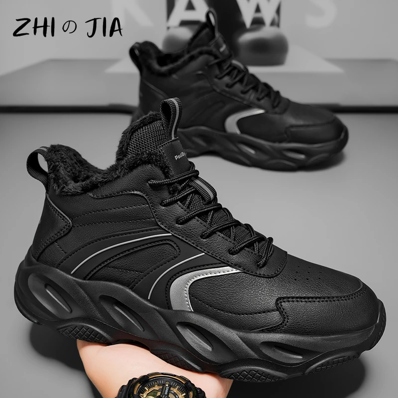 

Высокие плюшевые кожаные повседневные спортивные мужские туфли, зимняя спортивная обувь на толстой подошве, уличная теплая обувь для пешего туризма, размеры 39-45
