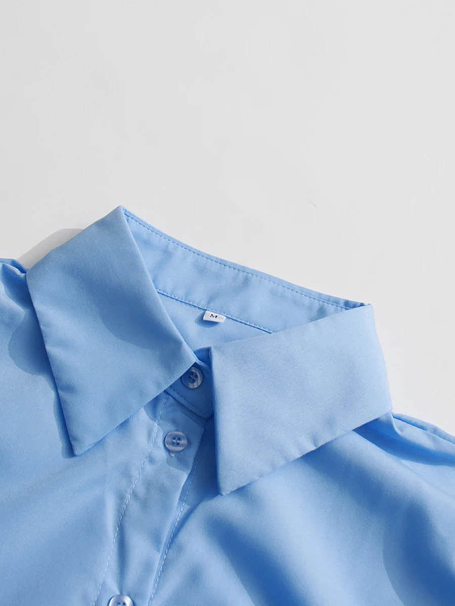 CHICEVER Camicia da donna con temperamento di colore blu Abito con risvolto Manica lunga Bottoni impiombati Casual Versatile Abiti corti Donna Nuovo