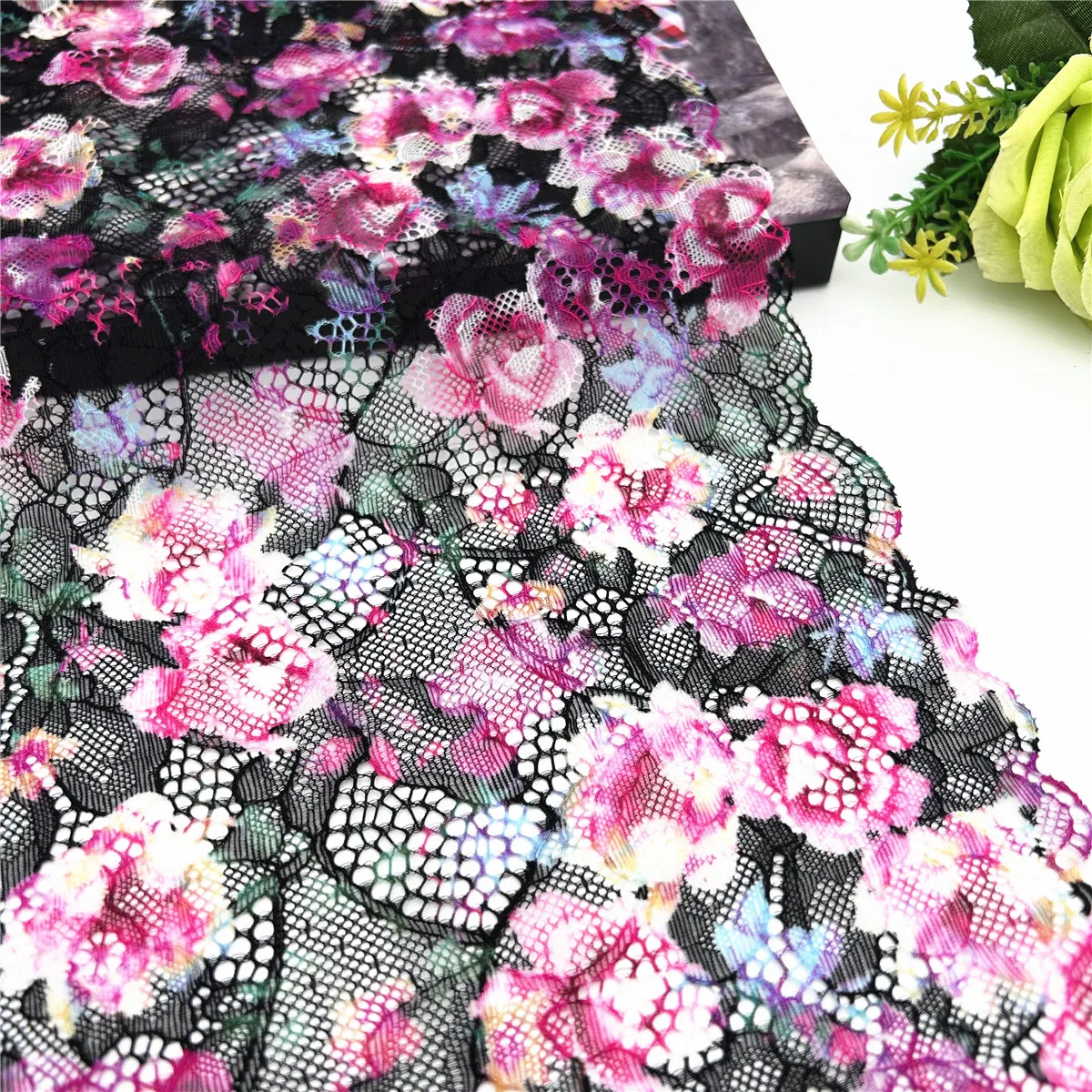 3y/lot Width 23cm Multi-Color Violet Fuchsia Black Elastic Stretch Lace Trim Skirt Hem For Clothes Sewing Lingerie Bikini Lace