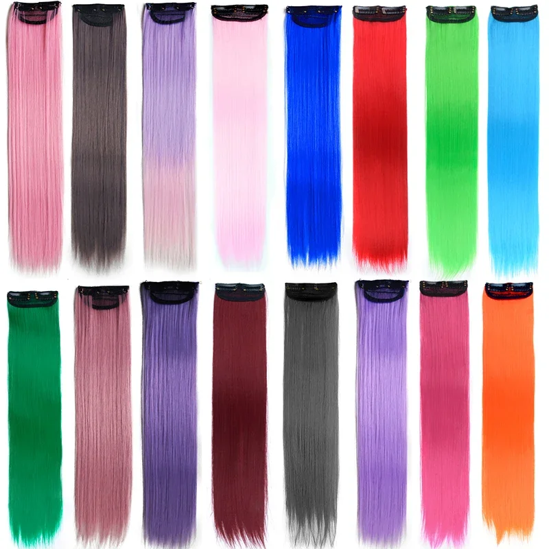 13Packs Colored Hairpieces Clip in Hair Extension Straight Synthetic Pink Purple Blonde Blue Natural Fake Hair Pieces for Kids