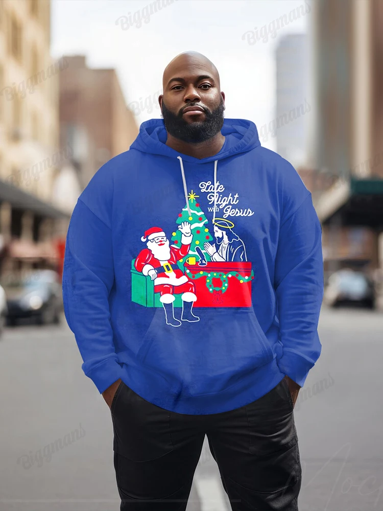 

Biggmans Christmas Tree Santa Claus Print Hoodies Mens Plus Size Long Sleeve Pockets Pullover Male Autumn Winter Thick Tops 2024