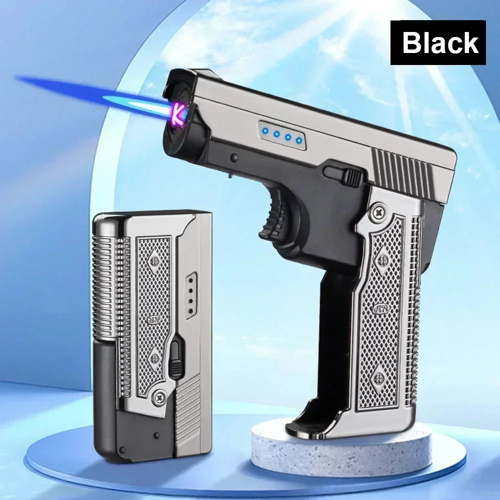 

New Gas Electric Dual Flame Lighter Foldable Pistol Shaped Butane USB Lighter Cool Smoking Cigar Tool Birthday Gift