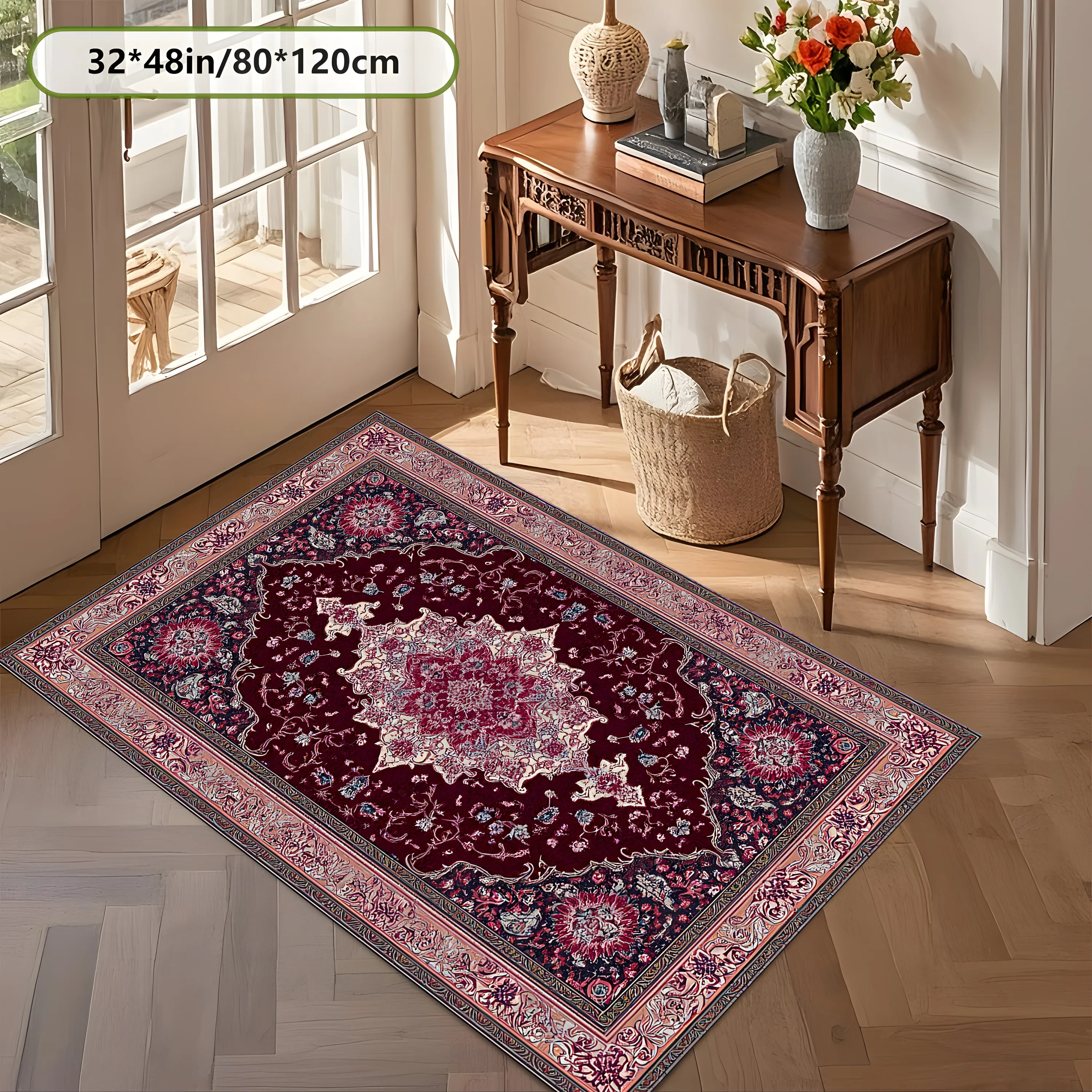 2D Carpet with Wine Red Classic Persian Pattern in Retro Light Luxury Style for Living Room, Bedroom, and Coffee Table
