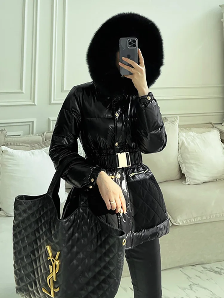 New Arrival Fox Big Fur Collar Hood Down jacket Women Design Thickened White Duck Down Short Outerwear Women with belt