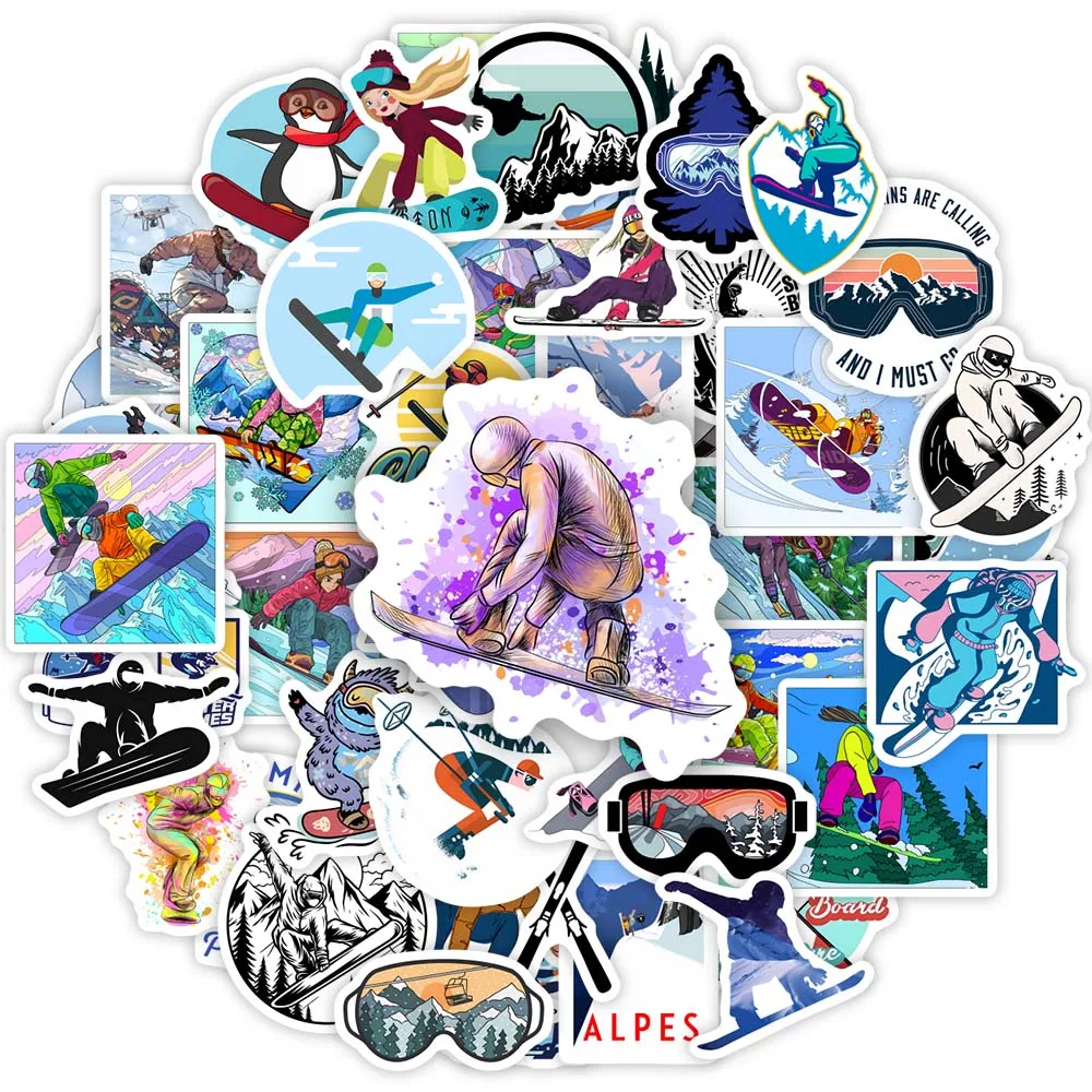 Winter Ski Snowboard Adventure Sports Cartoon Girl Kid's Gift Graffiti DIY Sketch Phone Laptop Scrapbooking Waterproof Stickers