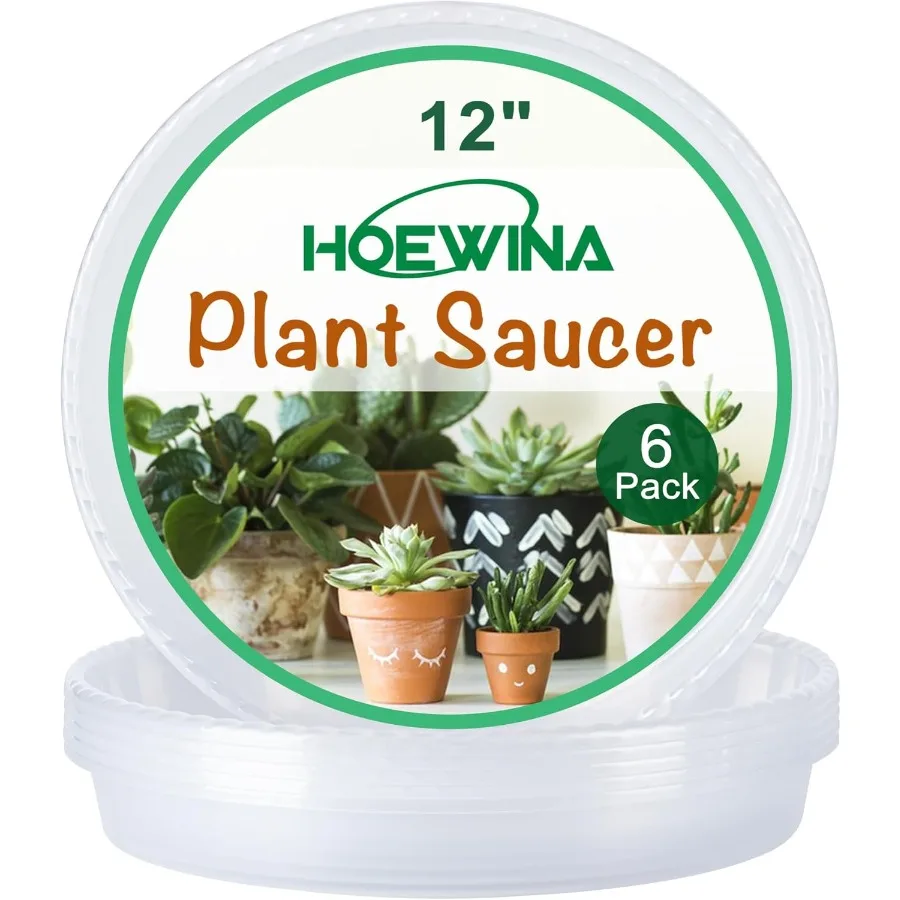 

Hoewina Plant Saucer 6 Pack 12 Inch Durable Plastic Plant Trays with Plant Tray Design Clear Plant Saucers for Indoors and Outd